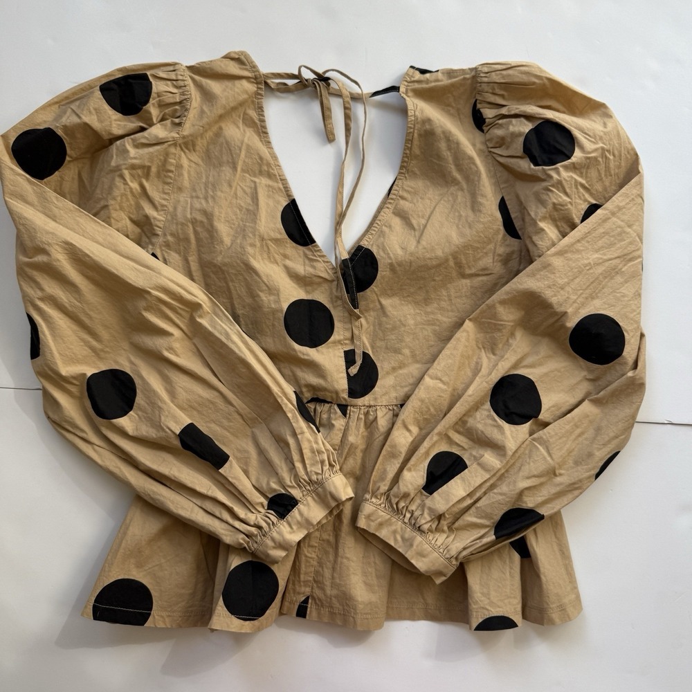 Tea & Cup Puff Sleeve V Neck Peplum Top Sz Small Tan Black Polka Dot Retro Pinup